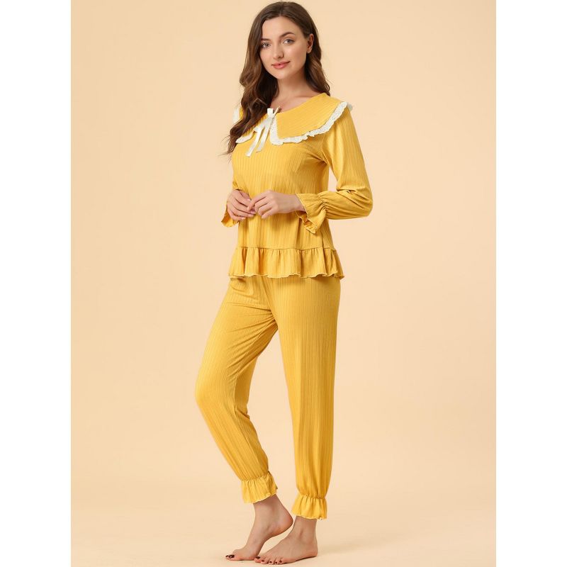 Allegra K Women's Sleepwear Lounge Peter Pan Collar Long Sleeve Ruffle Pajama Set, 4 of 7