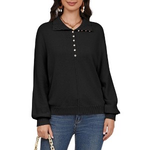 Coolmee Women's Knit Sweater Button Polo Collared Casual Fall Winter Pullover Sweater Tops - 1 of 4