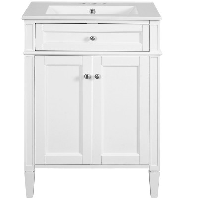 Vynxaria 24 inch Classic White Single Sink Freestanding Bath Vanity with White Ceramic Top Two Soft Close Doors One Tip Out Drawer Adjustable Shelf