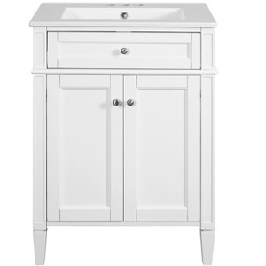 Vynxaria 24 inch Classic White Single Sink Freestanding Bath Vanity with White Ceramic Top Two Soft Close Doors One Tip Out Drawer Adjustable Shelf - 1 of 4