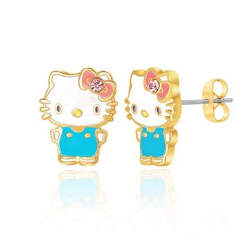 Sanrio Hello Kitty Brass Flash Plated Enamel and Pink Cyrstal Stud Earrings