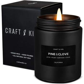 Craft & Kin Wood Wick, All-Natural Soy Aromatherapy Candle in Frosted Glass Jar With Pine & Clove Scent - 8 oz