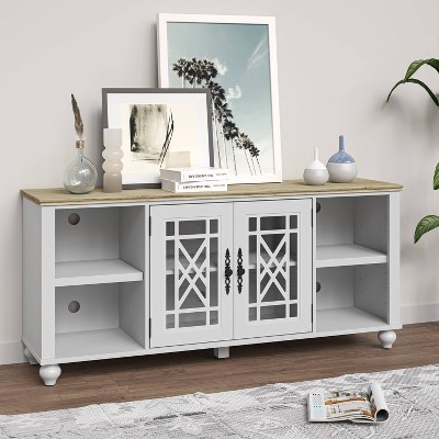 Vintage White and Oak 60" TV Stand with Carved Cabinet Doors