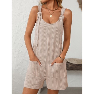 Womens Summer Casual Short Romper Scoop Neck Sleeveless Striped Overalls Shorts Jumpsuit with Pockets