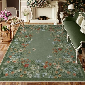 Lahome Short Velvet Geometric Floral Floor Mat-Natural Bio-Printed Soft Rug for Living Room, Bedroom, or Entryway - 1 of 4