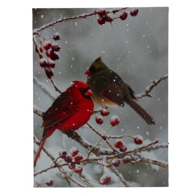 Northlight Lighted Red Cardinals and Berries Christmas Canvas Wall Art 15.75" x 11.75"