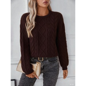 Women Solid Color Twisted Knot Retro Loose Long-Sleeved Pullover Sweater - 1 of 4