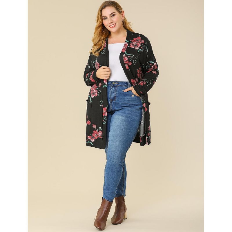 Agnes Orinda Women's Plus Size Lightweight Open Front Knit Floral Cardigan, 4 of 8
