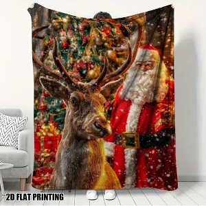 Lomsoe Christmas Santa & Reindeer Print Flannel Blanket - All Seasons Soft and Warm Throw Blanket for Bed, Napping, Camping, Travel, Office - 1 of 4