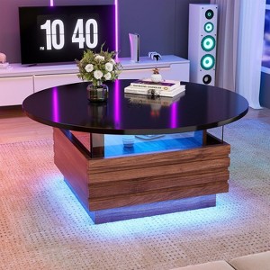 PAKASEPT 31.5" Modern Round Coffee Table with Lights, Wood Accent Coffee Table with 2 Sliding Drawers, Round Center Table for Living Room - 1 of 4