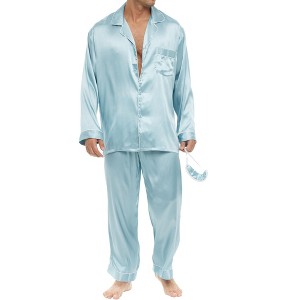 ADR Men's Satin Pajamas Set, Long Sleeve Top and Pants with Pockets, Silk like PJs with Matching Sleep Mask - 1 of 4