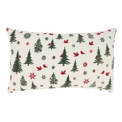 Ivory Christmas Trees and Cardinals Cotton Throw Pillow
