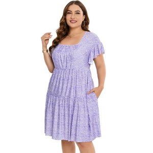 LXT- Women's Plus Size Square Neck Ruffle Sleeve Flowy Floral Summer Midi Dress with Pockets - 1 of 4