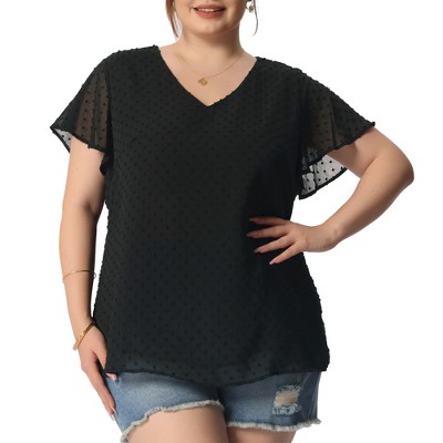 Agnes Orinda Women's Plus Size Swiss Dots V Neck Flare Short Sleeve Summer Casual Blouses