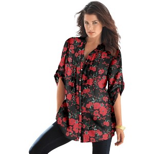 Roaman's Plus Size Floral Y-Neck Pintuck Tunic – Adjustable Long Sleeve Button-Front, Relaxed Shirt Style - 1 of 4