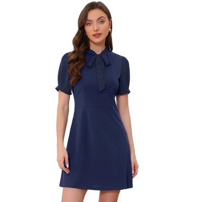 INSPIRE CHIC Women's Bow Tie Keyhole Neck Puff Sleeve Elegant Work Dress