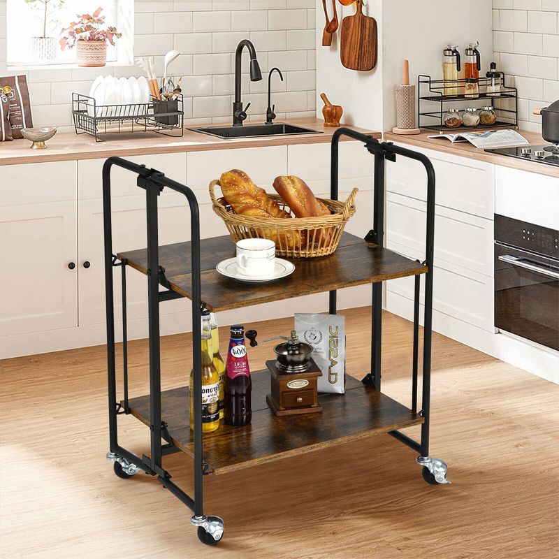 Tangkula 2-Tier Folding Bar Cart Kitchen Serving Island Utility Cart Storage Shelves, 2 of 9