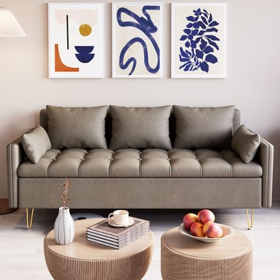 Sofa Couch Faux Leather 3-Seater Sofas with Hand Stitched Comfortable Cushion, Modern Design with Gold Metal Legs and Lift-Up Storage for Living Room