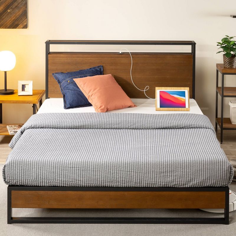 Suzanne Metal and Bamboo Platform Bed Frame with Headboard Shelf Brown - Zinus, 4 of 8