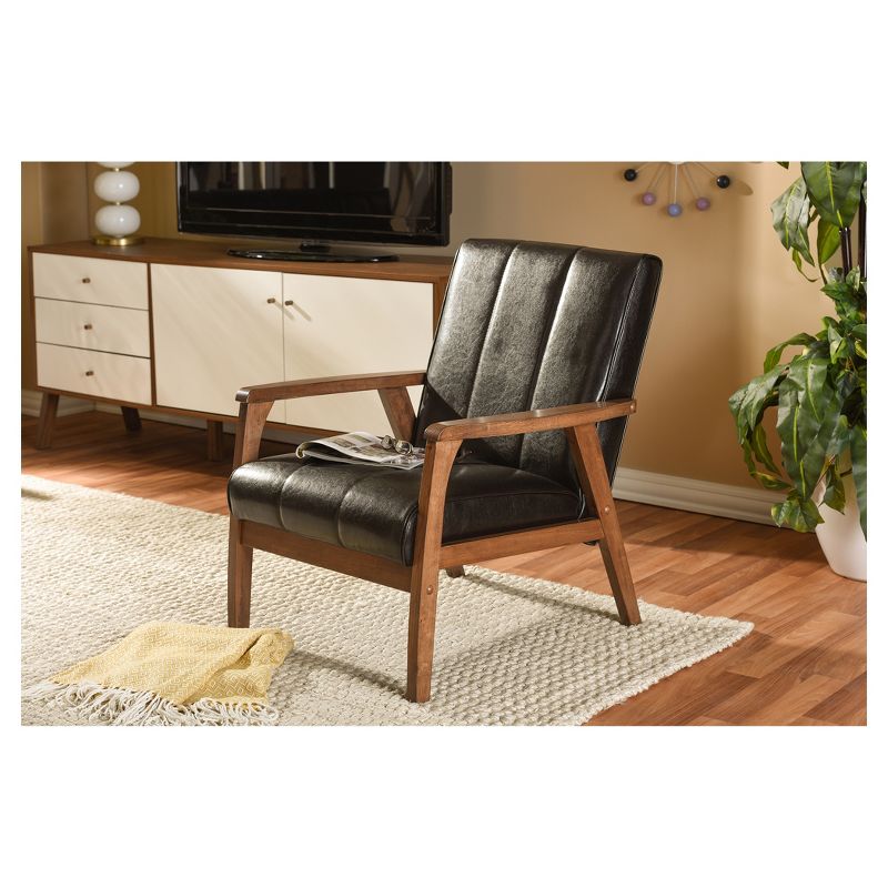 Nikko Mid - Century Modern Scandinavian Style Faux Leather Wooden Lounge Chair - Dark Brown - Baxton Studio, 5 of 6