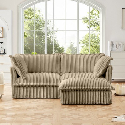 Slipcovered Sectional Sofa, 2 Seater Sofa with Removable Cover, Sofa with Convertible Ottoman, Corduroy Fabric Sectional Sofas-Cuddlewood
