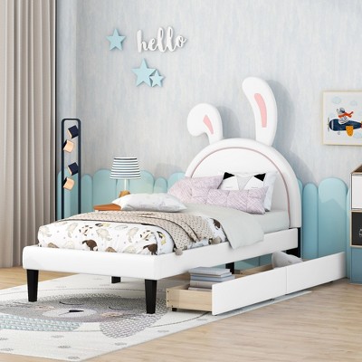 Twin Size Upholstered Pu Leather Platform Bed With Rabbit Ornament And ...