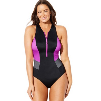 Swim 365 Women's Plus Size Zip-Front One-Piece With Tummy Control - 16,  Purple
