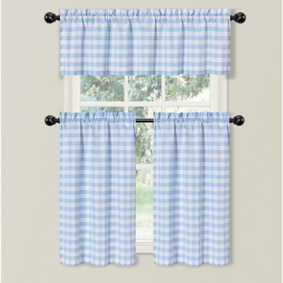 Kate Aurora Country Farmhouse Living Blue Plaid Gingham 3 Pc Kitchen Curtain Tier And Valance Set - 56 in. W x 36 in. L