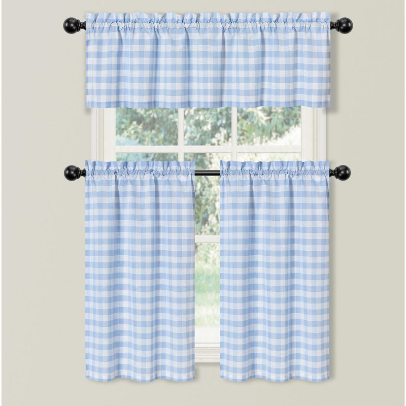 Kate Aurora Country Farmhouse Living Blue Plaid Gingham 3 Pc Kitchen Curtain Tier And Valance Set - 56 in. W x 36 in. L, 1 of 3