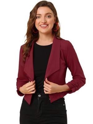 INSPIRE CHIC Women's Regular Fit Notched Lapel Ruched Sleeve Business Crop Blazer