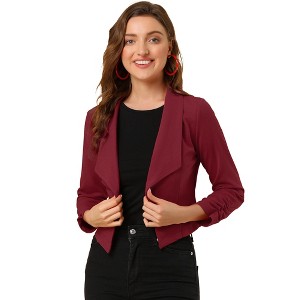 INSPIRE CHIC Women's Regular Fit Notched Lapel Ruched Sleeve Business Crop Blazer - 1 of 4