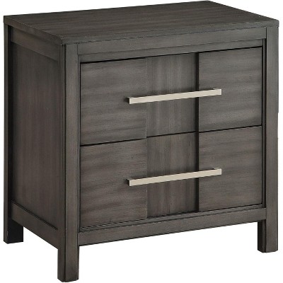 Vynxaria Transitional 1pc Nightstand - Gray, 2 Drawers (Felt-Lined Top + English Dovetail), Nickel Bar Pulls, Solid Wood/Wood Veneer