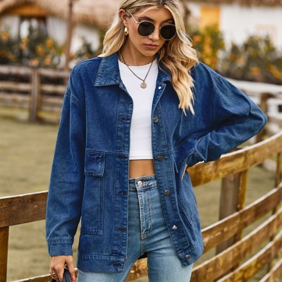 Womens Oversized Drop Shoulder Denim Jacket Casual Loose Fit Jean Coat