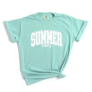 Simply Sage Market Women's Varsity Summer Vibes Cursive Short Sleeve Garment Dyed Tee - 1 of 2
