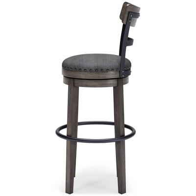 Antiqued Gray Wash Swivel Barstool with Cushioned Seat and Nailhead Trim