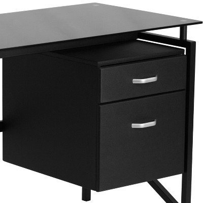 Sleek Black Tempered Glass Desk with File Drawer Pedestal