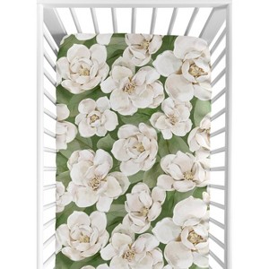 Sweet Jojo Designs Girl Baby Fitted Crib Sheet Watercolor Magnolia Green and Ivory - 1 of 4