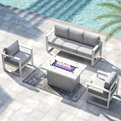 LayinSun 4 Pieces Aluminum Outdoor Patio Furniture Set, Metal Modern Conversation Sofa Set with Fire Pit Table and Washable Thick Cushions
