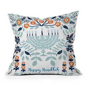 16"x16" Marni Floral Hanukkah Menorah Square Throw Pillow White/Blue: Indoor Decorative Cushion - Deny Designs - 1 of 4
