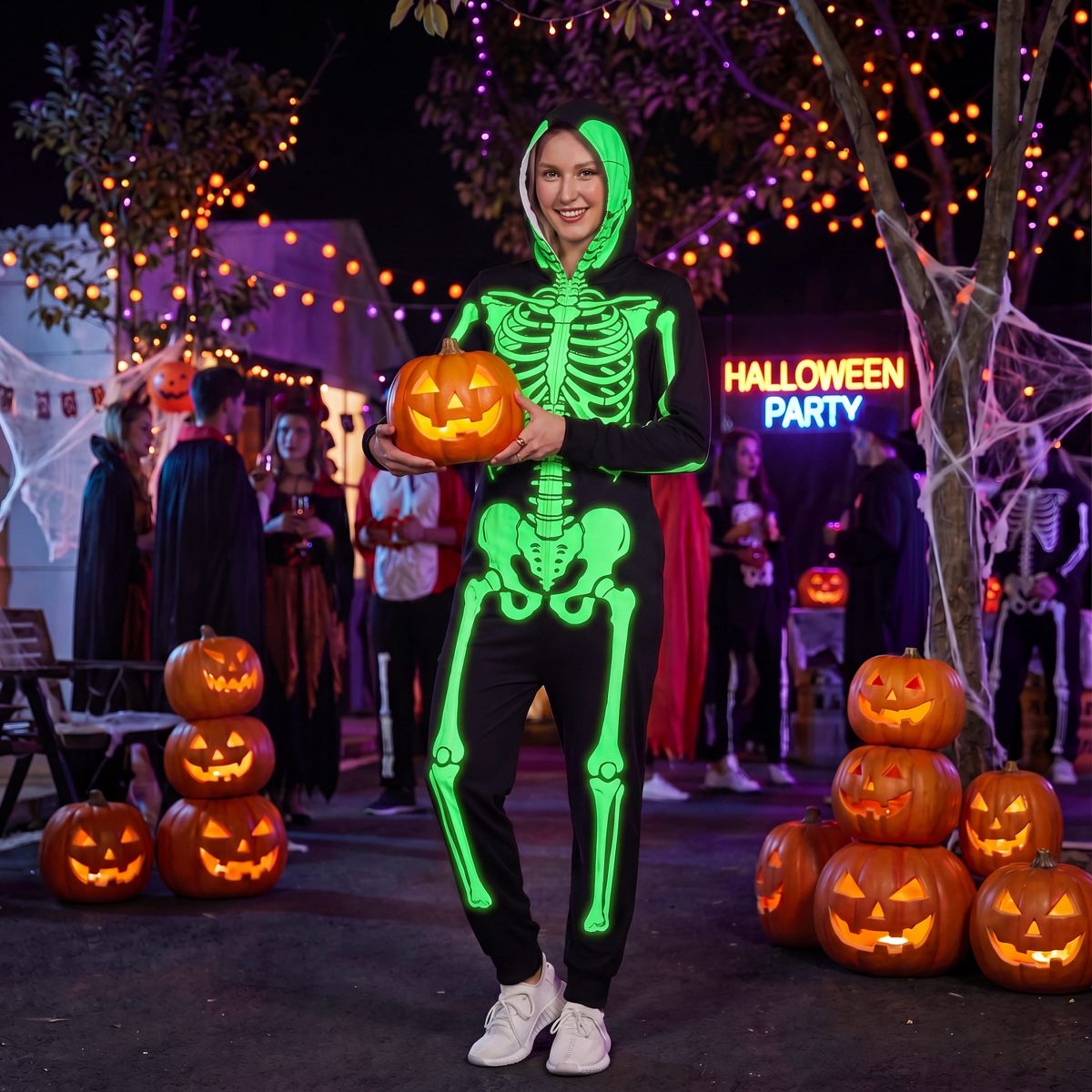 Joyfy Halloween Skeleton Pajama Glow-in-the-Dark Skeleton Costume Jumpsuit Adult Women for Halloween Cosplay Party - thumbnail 5