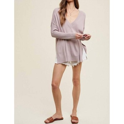 Women's Oversized V-neck Sweater With Ribbed Sleeves - WISHLIST
