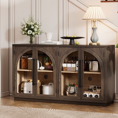 JUJABU 4-Door Sideboard Cabinet with Arched Glass Panels, Adjustable Shelves and Ample Storage for Kitchen, Dining Room or Living Room