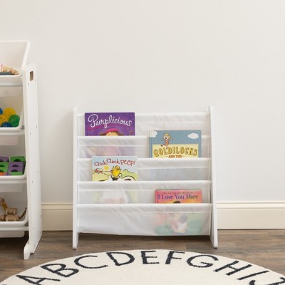 White 4-Tier Kids Book Rack with Fabric Pockets
