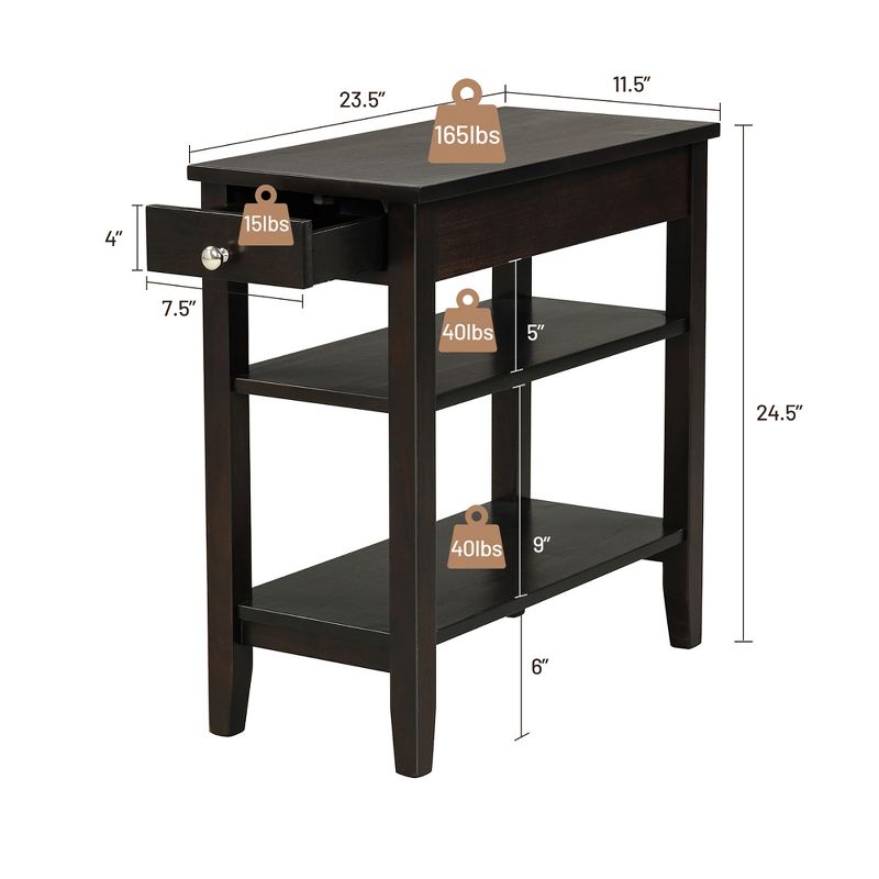 Costway 3-Tier Side End Table with Drawer Double Shelf Narrow Nightstand Espresso\Black, 3 of 11