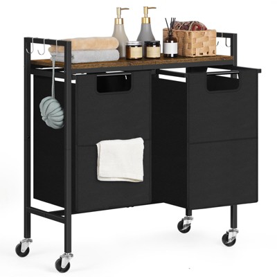 Oumilen Rolling Laundry Hamper with Double Removable Bags and Wood Shelf
