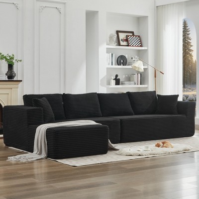 137.8" Corduroy Upholstery L-Shaped Cloud Modular Sectional Sofa with Left Chaise and Pillows, All-Foam Compression Design