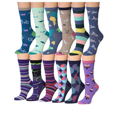 Tipi Toe Women's 12 Pairs Lightweight Colorful Fun Stripe Designs Farm Country Patterned Crew Socks