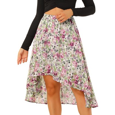 INSPIRE CHIC Women's High Low Hem Elastic Waist Lurex Chiffon A-Line Midi Floral Skirt