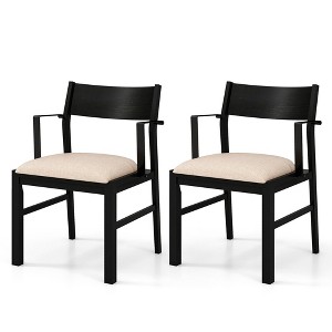 Tangkula Dining Chair w/ Arms Set of 2 Modern Kitchen Chairs & Contoured Backrest Black & Beige - 1 of 4