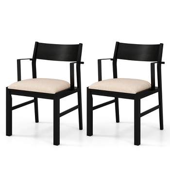 Tangkula Dining Chair w/ Arms Set of 2 Modern Kitchen Chairs & Contoured Backrest Black & Beige